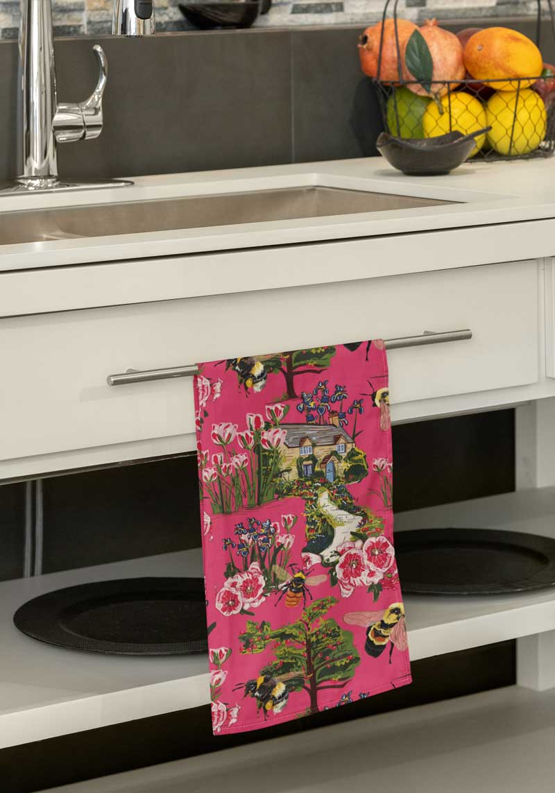 Hot Pink Cottage Garden Tea Towel