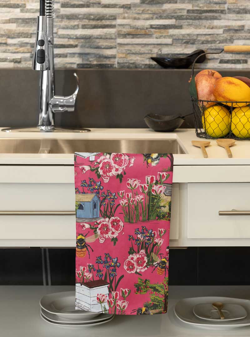 Hot Pink Cottage Garden Tea Towel