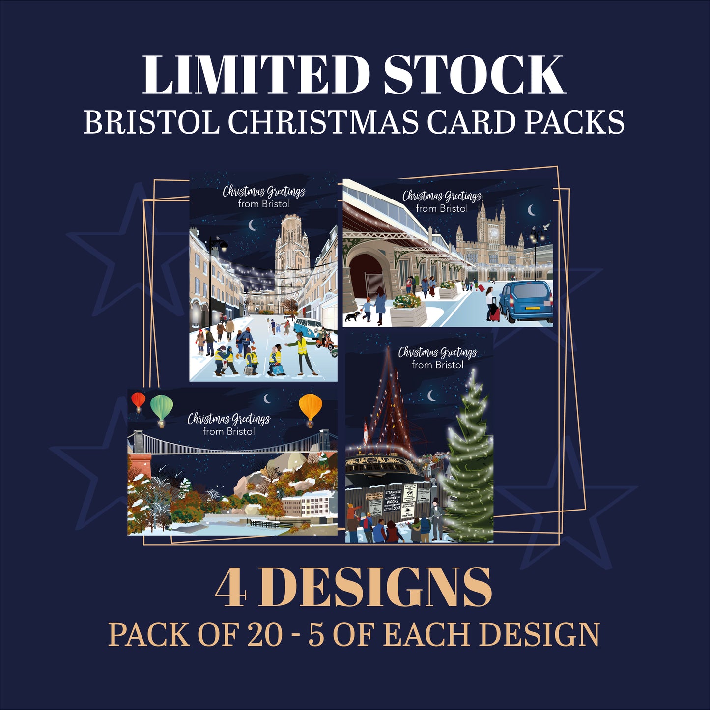 LIMITED RUN - packs of 20 cards. 4 Bristol Christmas Card designs