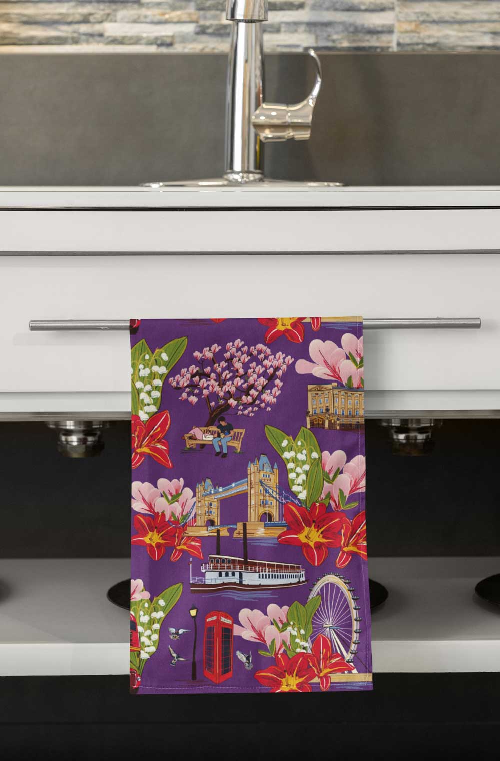 London Blooms: Purple Tea Towel