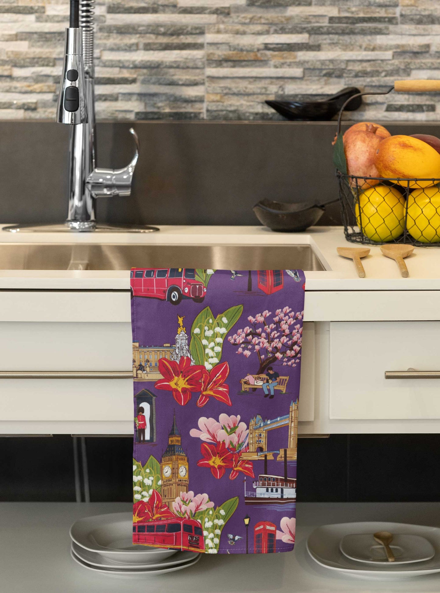 London Blooms: Purple Tea Towel