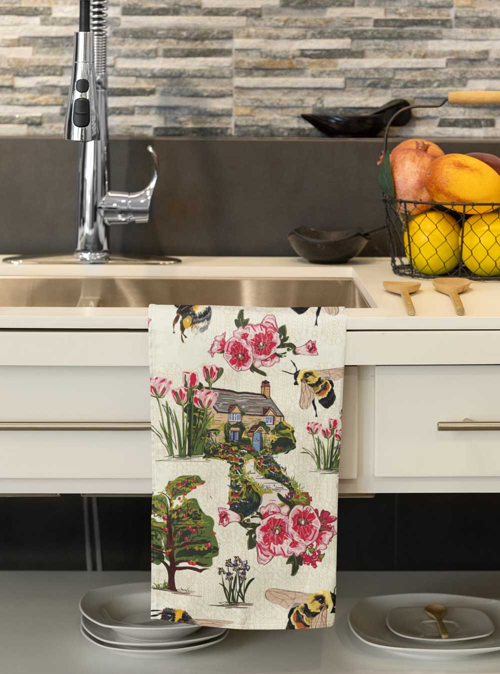 Country Cottage Pattern Tea Towel