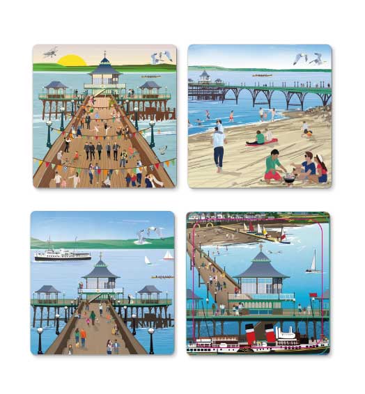 Pack of 4 Clevedon designs Illustrated Wooden Coasters