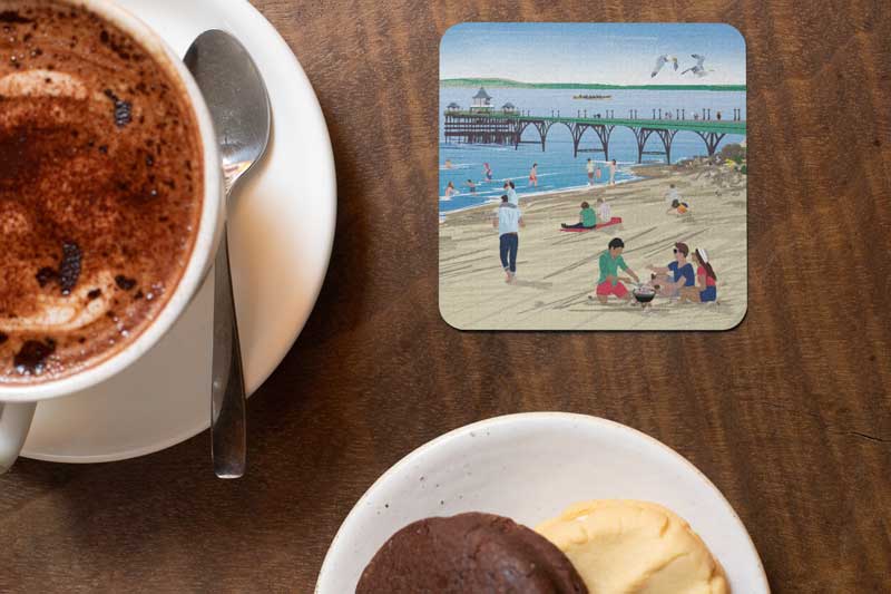Clevedon Beach Illustrated Wooden Coasters