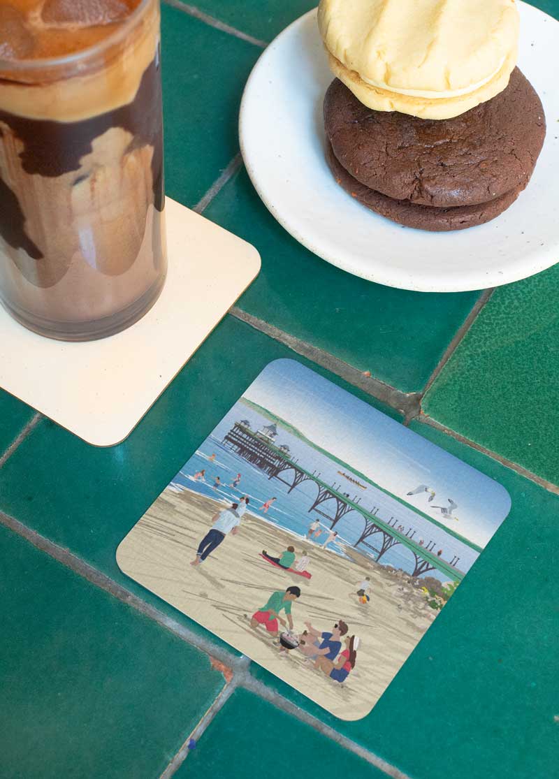Clevedon Beach Illustrated Wooden Coasters
