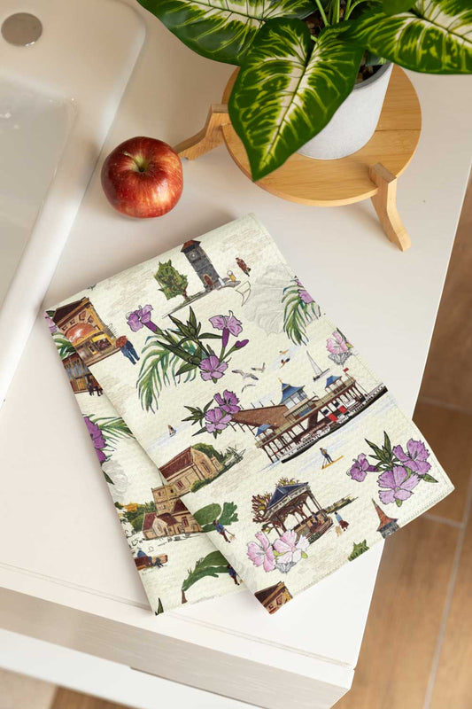 Vintage Clevedon Pattern Tea Towel