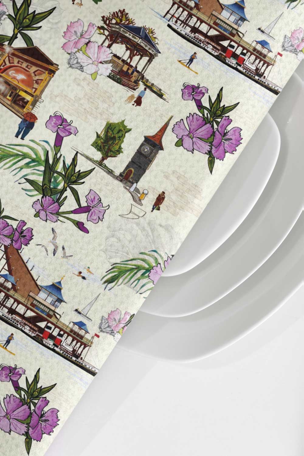 Vintage Clevedon Pattern Tea Towel